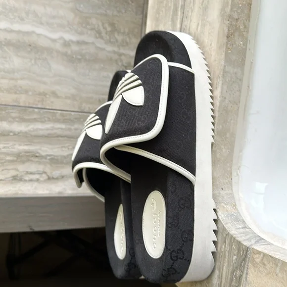 Adidas x Gucci Slides Sandals Shoe, Black/White, Gucci Sz 9